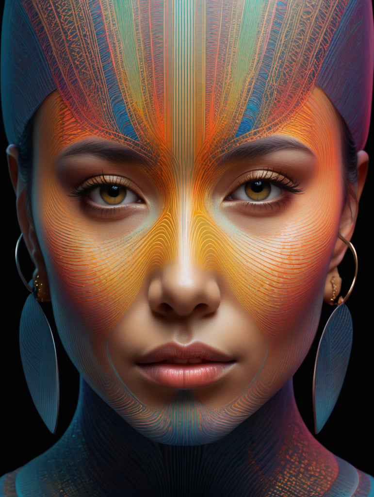 a human face inspired by linear patterns, lit colors