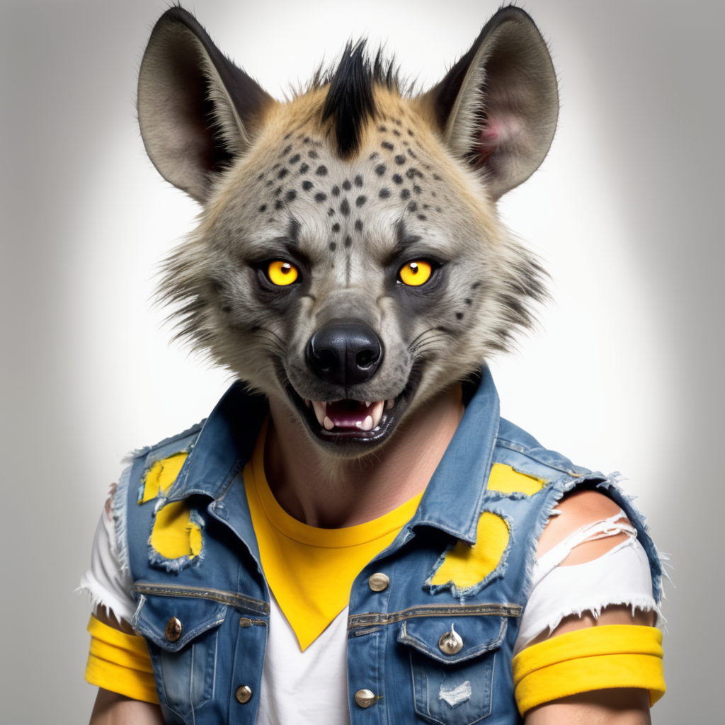 A furry hyena with yellow eyes, wearing cutoff jean shorts, a white T-shirt, ripped denim vest, a d fingerless gloves.