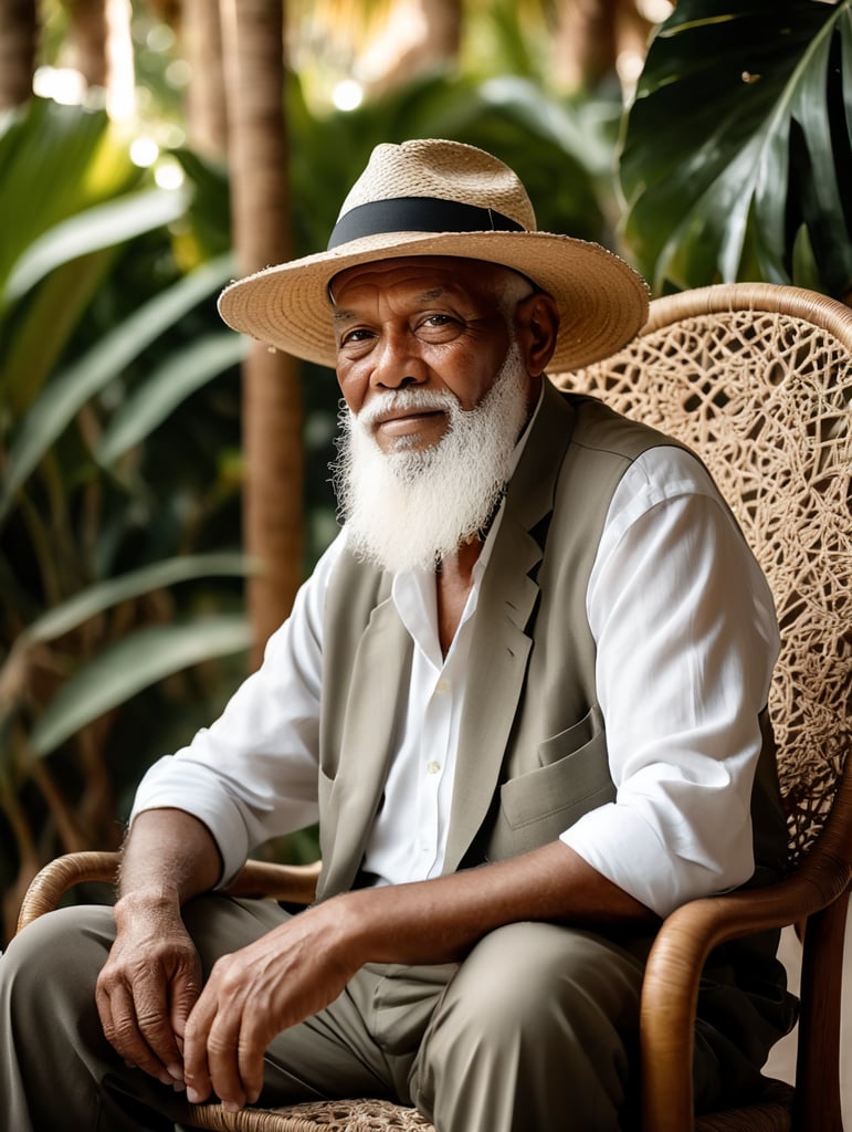A wise old man with white beard and bakoua hat in a tropical setting, sitting on a straw chair, shot on hasselblad, shadowplay