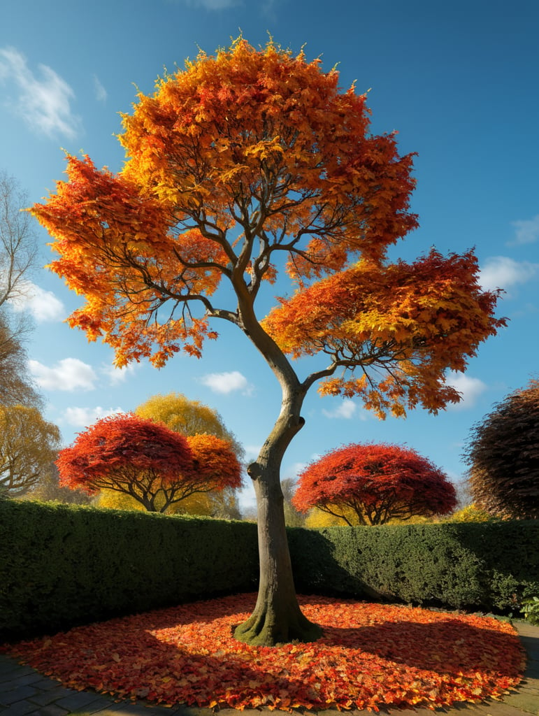 very small hornbeam tree, with autumn coloured leaves, red, orange, brown, yellow. In a small English garden with a light blue sky, son shining