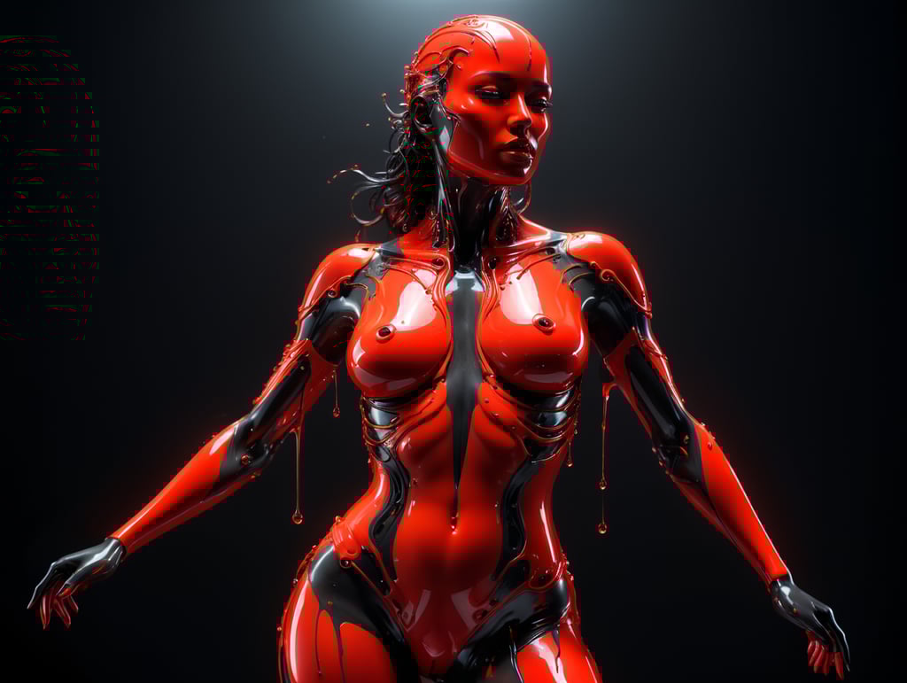 smooth female figure in neon reds, reflection on body, in the style of ray tracing, dripping, grotesque beauty, rendered in cinema4d, mystical, black background, abstract, minimalism