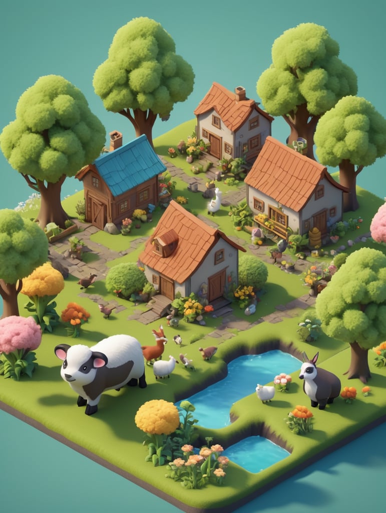 Detailed 3d farm island, fluffy trees, animals, working people, cute creatures, gathering place, flowers, game art style, 3d model, blender modeling, stylized, isometric, tinye style, cute, postcard style, miniatures