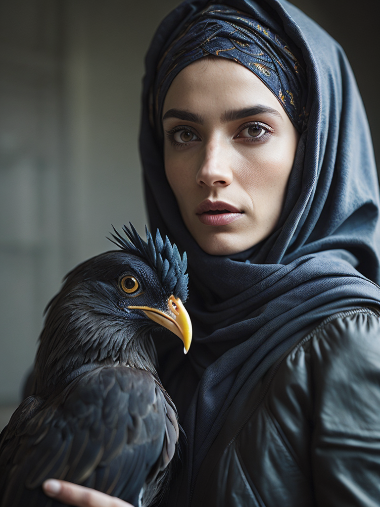 hyper-realistic, ultra-detailed photograph Portrait of a Beautiful women from wearing black niqab hijab hugging a Rooster in the Renaissance ottoman mosque background, detailed gorgeous face,