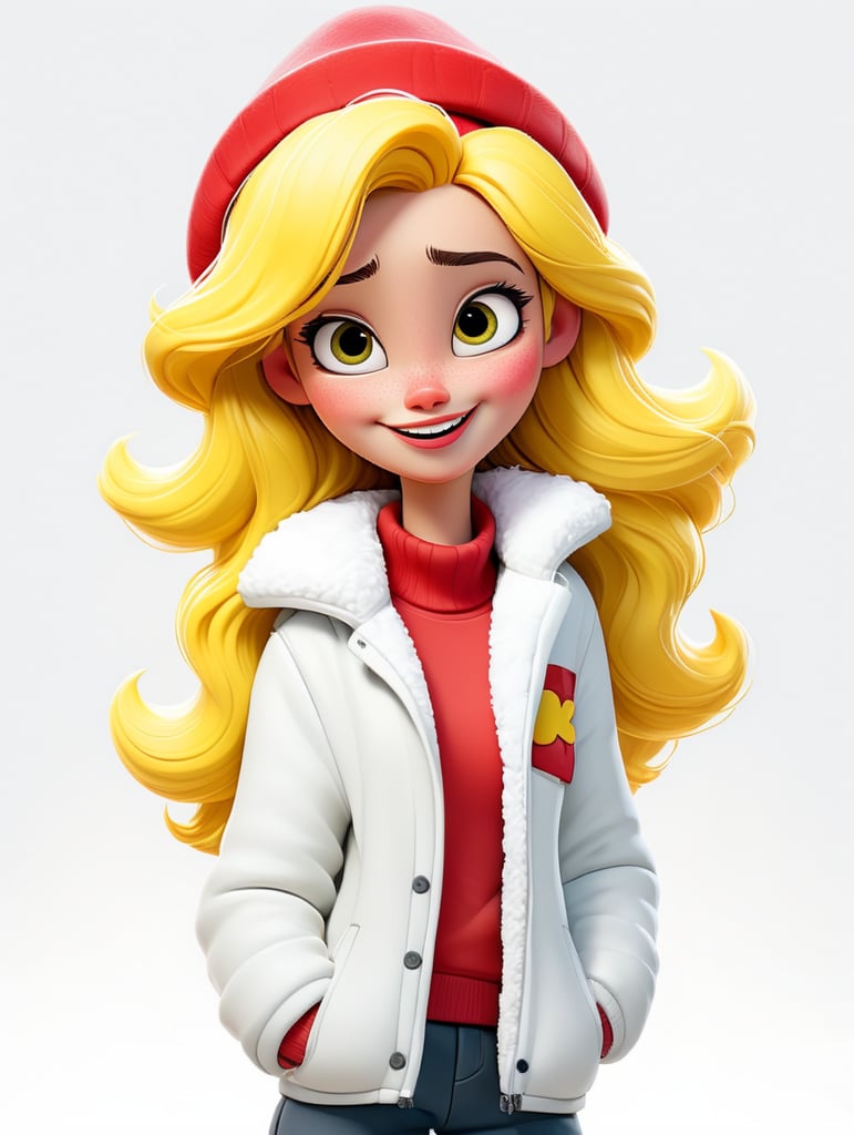 a happy young women with yellow hair and red hat on his head is wearing a white fluffy jacket, isolated, white background