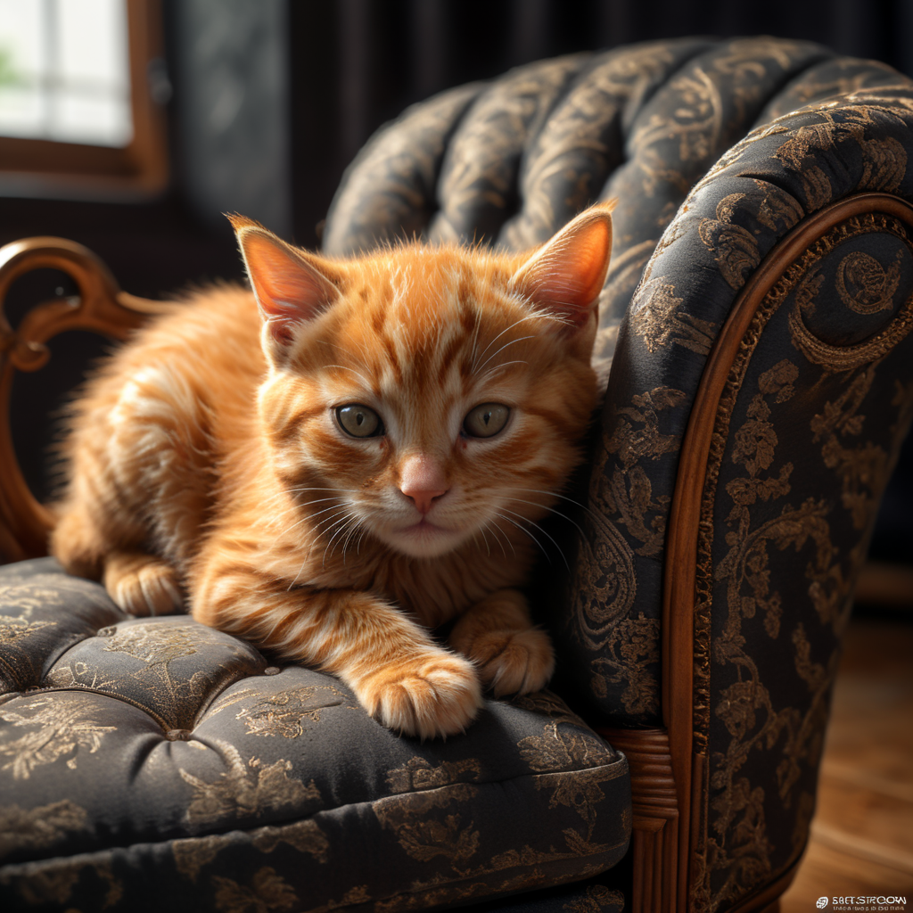 A small ginger kitten curled up asleep on an simple fabric armchair