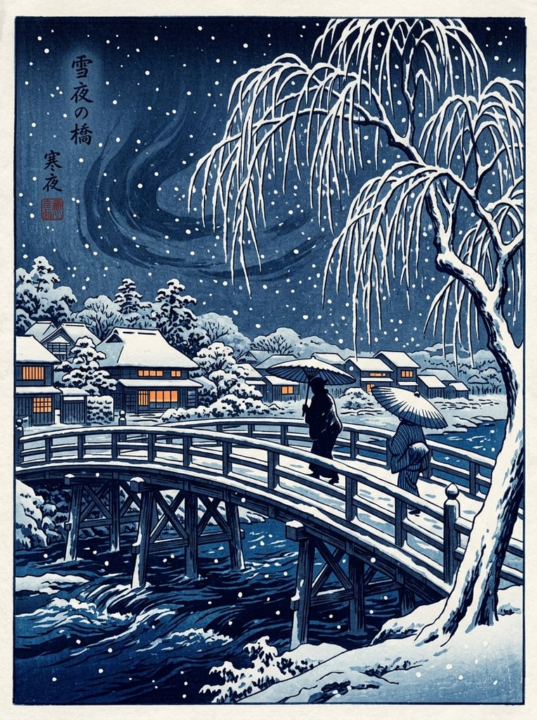 two figures with open umbrellas walking across a wooden bridge in a snowstorm, large snow-laden weeping willow tree framing the right foreground, deep blue flowing river below, traditional village houses with warm glowing windows in the background, falling white snowflakes, deep indigo night sky, traditional Japanese woodblock print style, monochromatic blue color palette with stark white snow accents