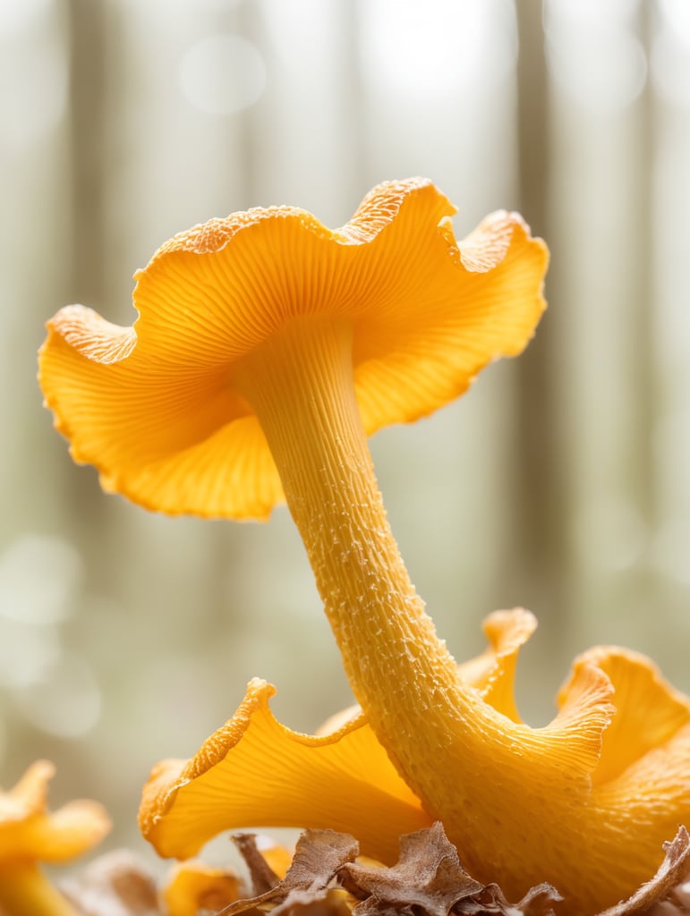 Macro photo of a golden chanterelle mushroom, yellow, forest