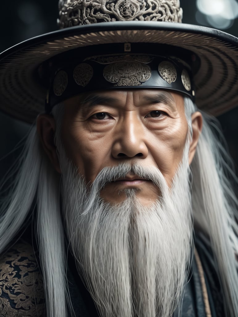 Wise old japanese man from tokyo with a long white beard, intricate, sharp focus, fantasy, cinematic lighting, other worldy, surreal 8k photo, dark moody aesthetic