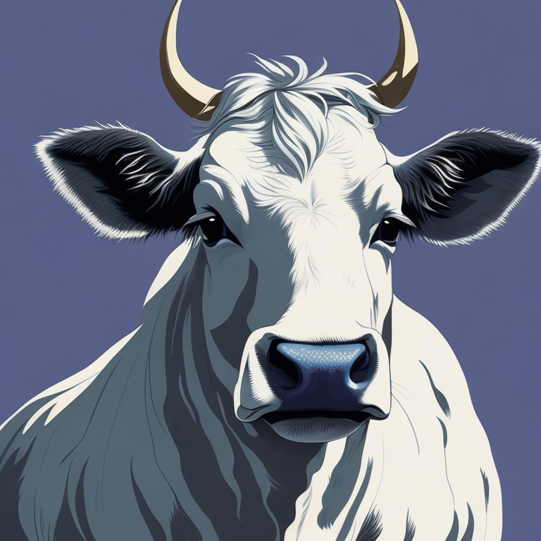 white cow,portrait, blue hoodie, in glasses, vintage, photorealistic illustration, vector, flat, isolated on white background, Painting, Oil, Still Life, Botanical, Italy, Acrylic, Hip Hop, style of Pierre-Joseph Redoute