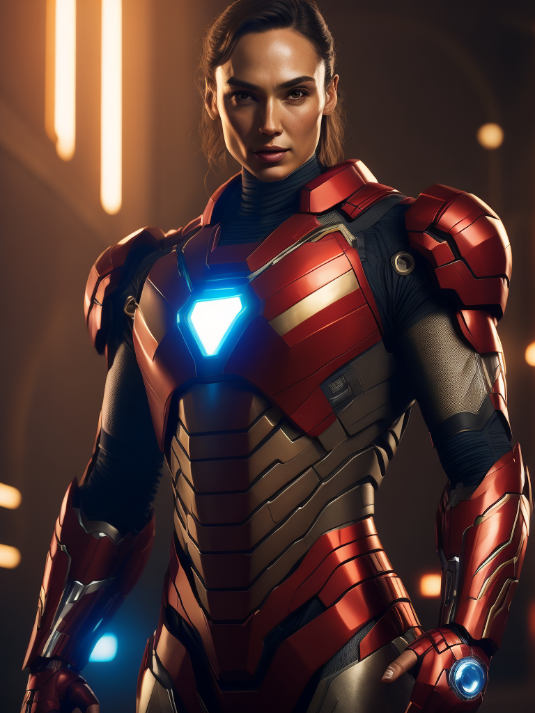 gal gadot in the Iron Man suit from the Marvel Universe, Full body, high definition, photography, cinematic, detailed character portrait, detailed and intricate environment, Bright red color