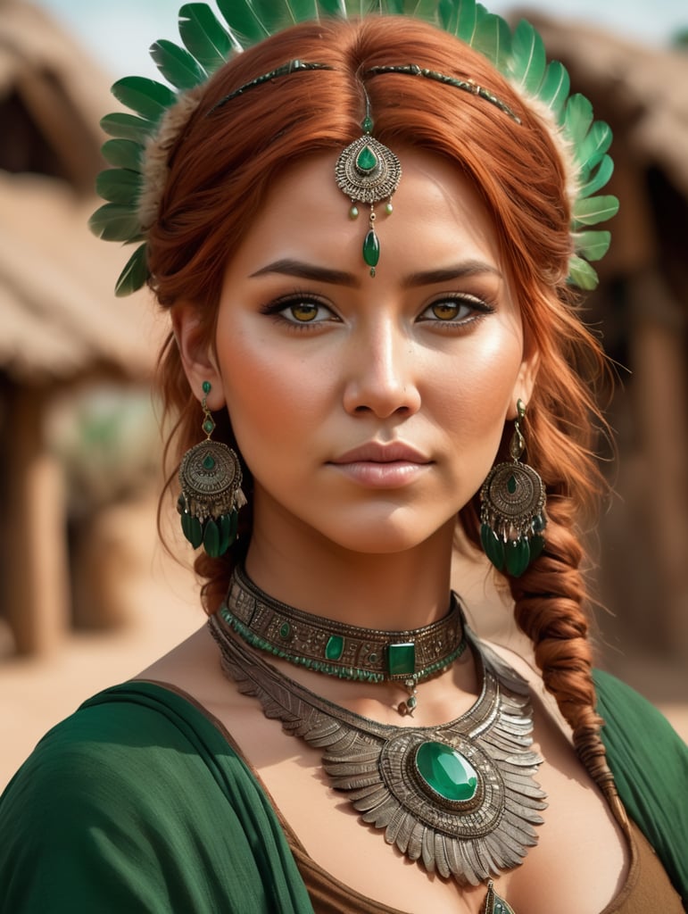 chica chamán pelirroja, de ojos marrones, con la cara ligeramente rechoncha y plumas en el pelo, vistiendo ropas verde oscuro y marrón y pendientes de esmeralda, en un pueblo desértico,