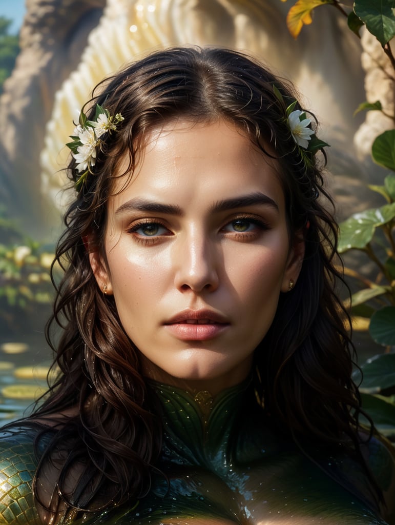 full body portrait of beautiful greek goddess, standing in a pond, soaking wet hair, by terry o'neill, elegant, highly detailed, digital painting, glistening skin, sharp focus, bright lighting, illustration, art by artgerm and greg rutkowski and alphonse mucha