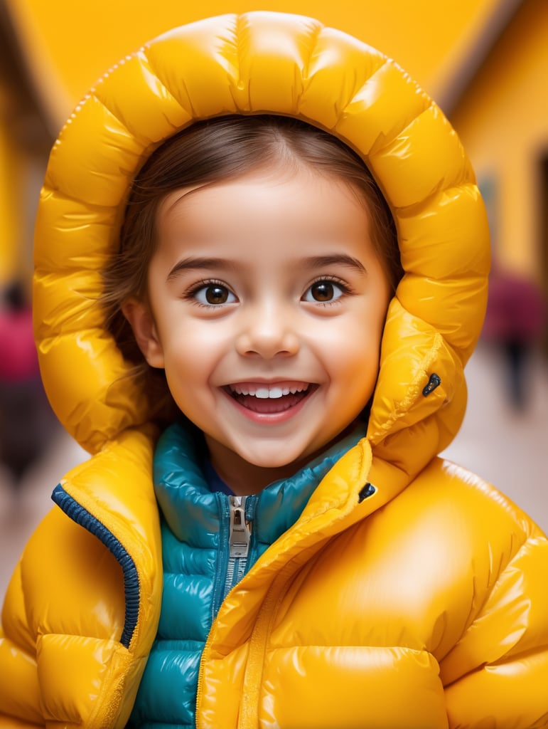 photo happy little girl going to travel, cute girl, dressed yellow inflatable puffer jacket, yellow background, harpers bizarre, cover, headshot, hyper realistic, vibrant colors