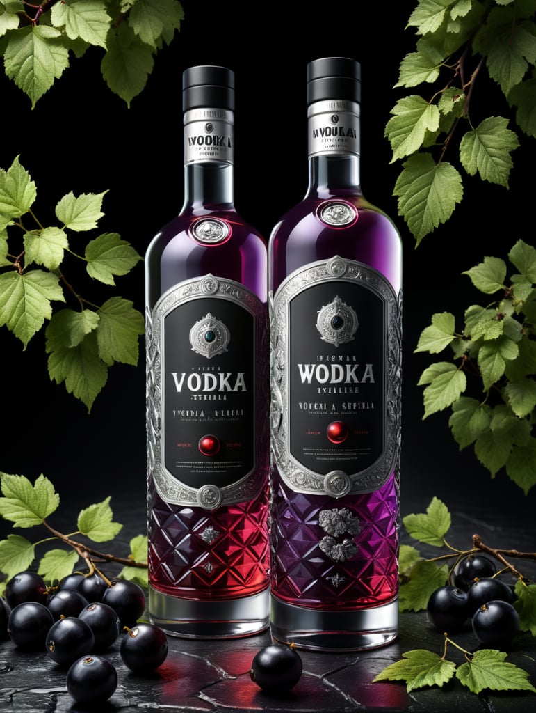Packaging and branding for a vodka brand as if it had been designed by HI ESTUDIO with In a set design with bricks, black currant and dry leaves.