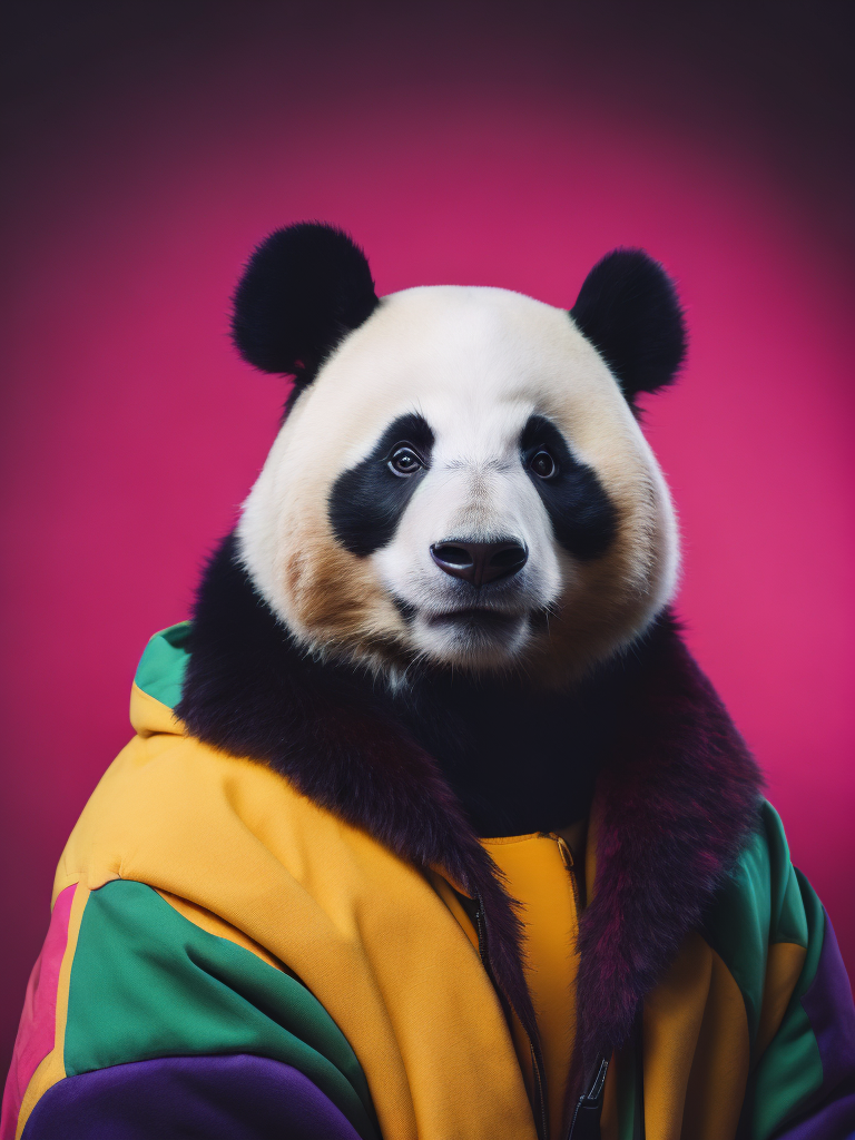 Portrait of a panda dressed in a colorful oversized jacket, Vivid saturated colors, Contrast color, studio photo, professional photo, Rich colors, Detailed image, detailed face