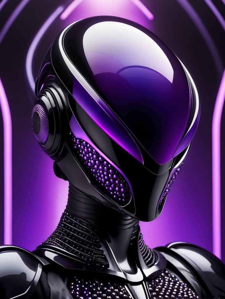 xenomorph with black suit elegant scene futuristic design with purple gradient traslucent half mask and helmet fashion photography, sharp, small spheres floating background