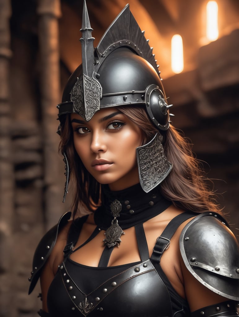 warrior girl with brown hair, brown eyes and tanned skin wearing a black choker and spiked iron armor and helmet, in a dungeon, medieval fantasy,