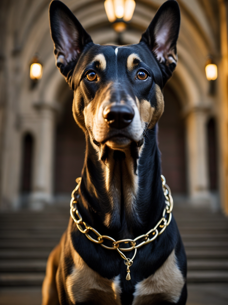 Podengo dog, golden chain, aggresive look, in front of a castle, dramatic Lighting, Depth of field, Incredibly high detailed, deep colors, professional photo