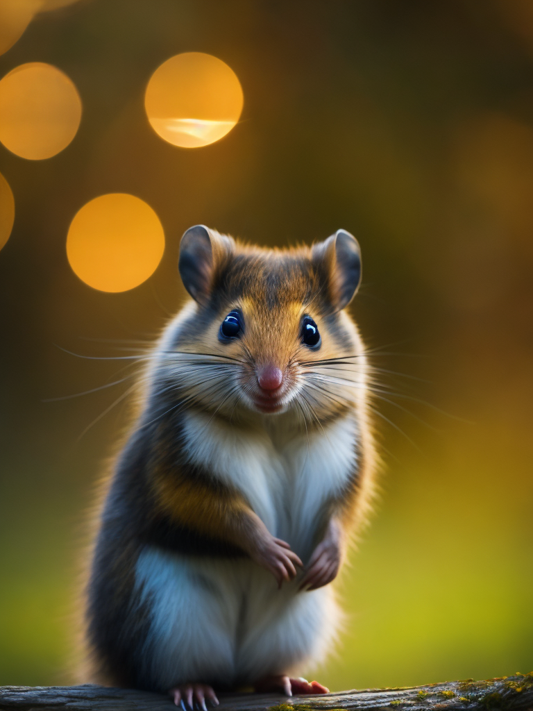 One extremely cute and fluffy dormouse, Mesmerizing colorful evening lighting, damp forest, high quality wildlife photo, National Geographic