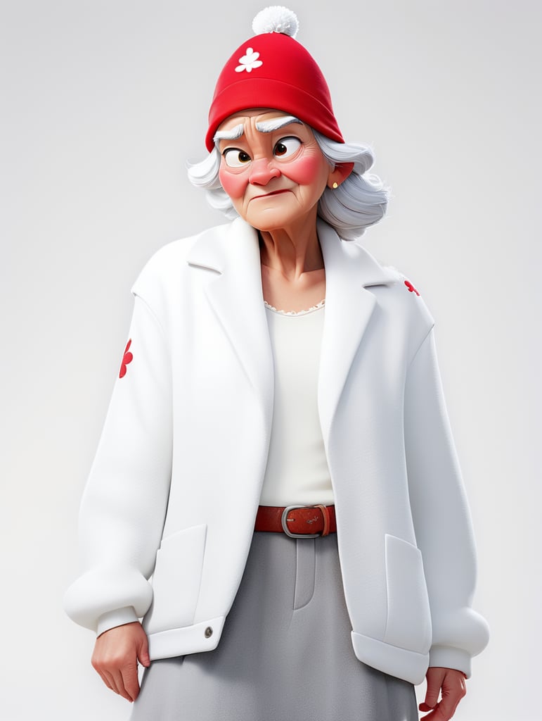 a young women with white hair and red hat on his head is wearing a white lacket, isolated, white background