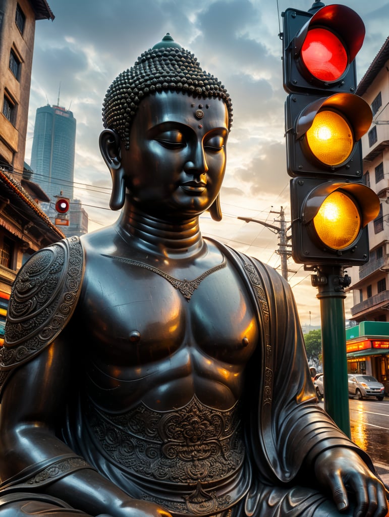 Create a statue of the Buddha sitting and in front of his eyes a traffic light in the foreground of the photo, representing visual management
