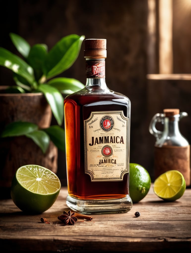 professional photo of a rum vintage bottle on a rustic table surrounded by lime, cinnamon Jamaica pepper, dramatic light