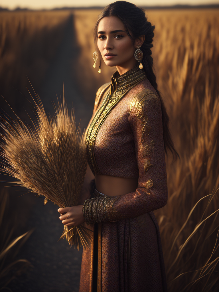 beautiful lady with tradition dress hold wheat in hand