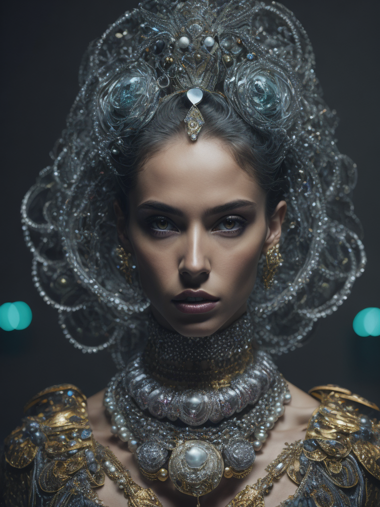 retrofuturistic massive huge jeweled necklace with huge diamonds and jewels on interplanetary interspecies male robot monster, horrific, terrifying, scary, mean. many spirder eyes, huge big jewel encrusted clothing, big pearls, precious gems. The set design is bold geometric patterns photographed by Romina Ressia, film still from wes Anderson, Gucci, Versace, givenchy, medium shot fashion, award winning photography, arty pose, fashion, diaphanous layered ultra haute couture, high definition, high resolution, bold vibrant colors , volumetric lighting, 8k, 3d render