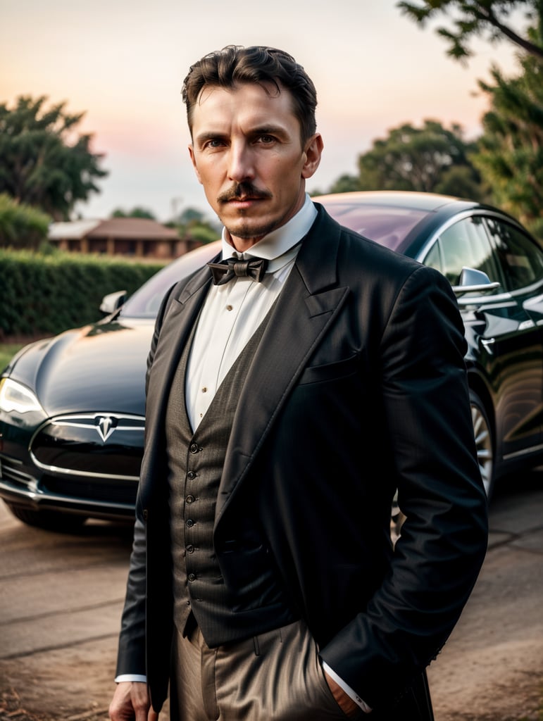 Nikola Tesla looks directly into the camera, with a Tesla car standing behind him.