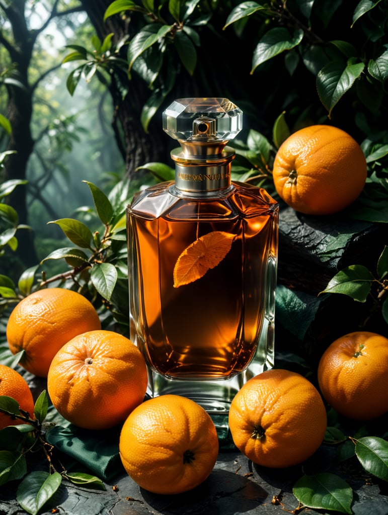 professional photography of a luxury perfume, orange fruits around, orange forest, green satin scarf, no label, clear, mockup