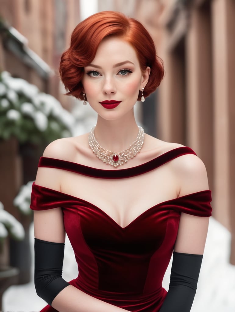 Young attractive red head. Short hair and very pale skin. Full body shot. Slightly curvy. Wearing a slinky red velvet dress with bare shoulders, short cut, short sleaves, black long gloves, fur lining and white pearl necklace and gold earrings