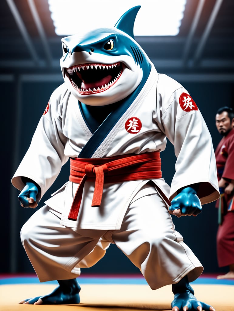 humanoid shark in judo kimono stay in action pose and angry face