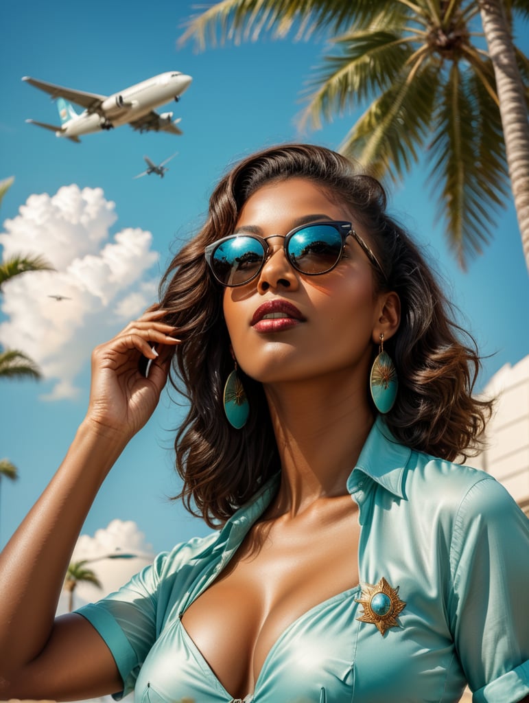 Pin up art, portrait, a black woman raised her head up, looks at the sky, sunglasses, one airplane flies in a clear sky and leaves a mark, summer, palms around, palms reflected on a sunglasses, turquoise shades, style by Gil Elvgren