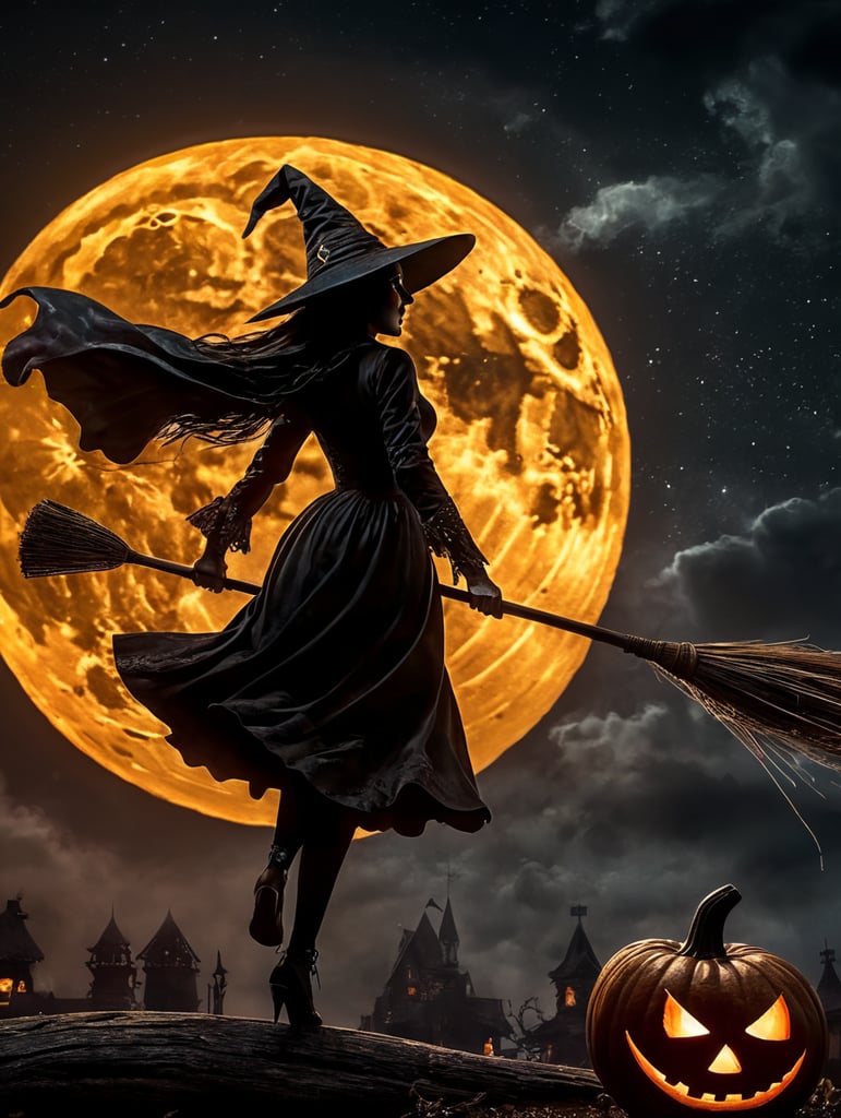 cene of pumpkins for Halloween, dramatic lighting at night, around the pumpkin, but in the night sky the silhouette of a witch flying on a broomstick, a bloody moon with the correct structure and stars. Depth of field.