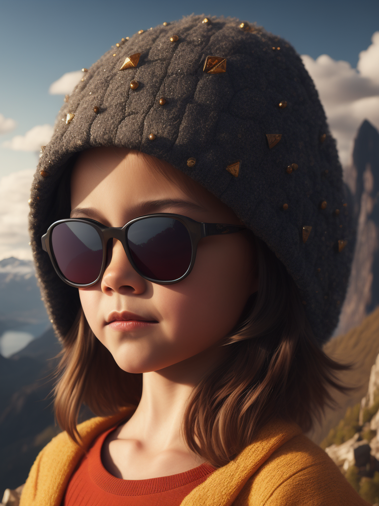 create one beautiful girl with 6years old. She will stand on mountain and wear sun glass.