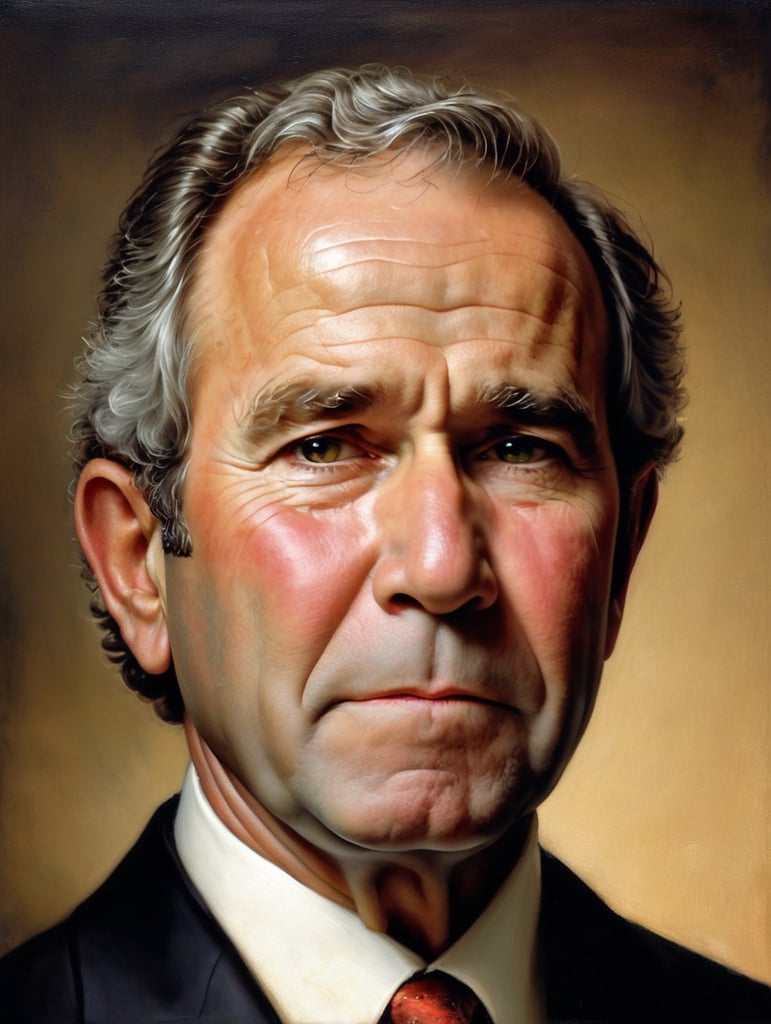 Portrait of George W. Bush by Rembrandt Harmenszoon van Rijn, sad face, America, so sorry