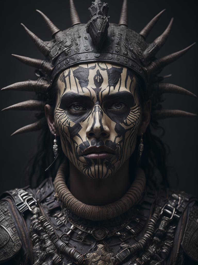 In this powerful and evocative image, mictlantecuhtli, the ancient aztec god of the underworld, emerges in all his ominous glory. rendered predominantly in stark black and white, with subtle gradations of gray, the depiction showcases the deity's menacing presence and serves as a testament to his authority. mictlantecuhtli's face embodies an intense fury, with furrowed brows and eyes ablaze with anger. his facial features are sharp and defined, with deep-set eye sockets that pierce through the darkness. elongated, bony structures form his skeletal visage, accentuating the otherworldly nature of his being. jagged teeth, stained and yellowed, protrude menacingly from his mouth, capturing his ferocity and instilling fear in those who behold him. the environment surrounding mictlantecuhtli reflects the essence of his era, transporting us to the aztec underworld known as mictlan.