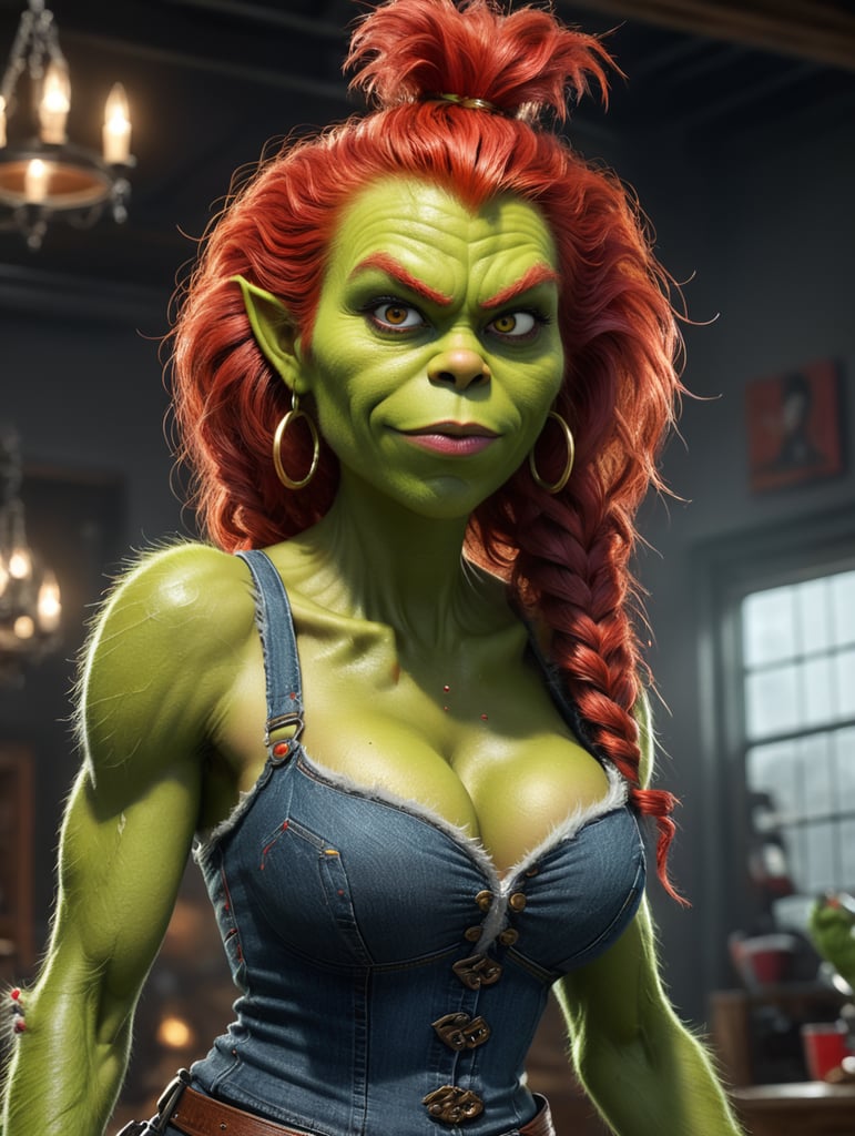 Grinch.long curly red pony tail.big chest.big belly.big hoop earrings.tanktop.jeans.heydudes.light makeup.dark eyeliner