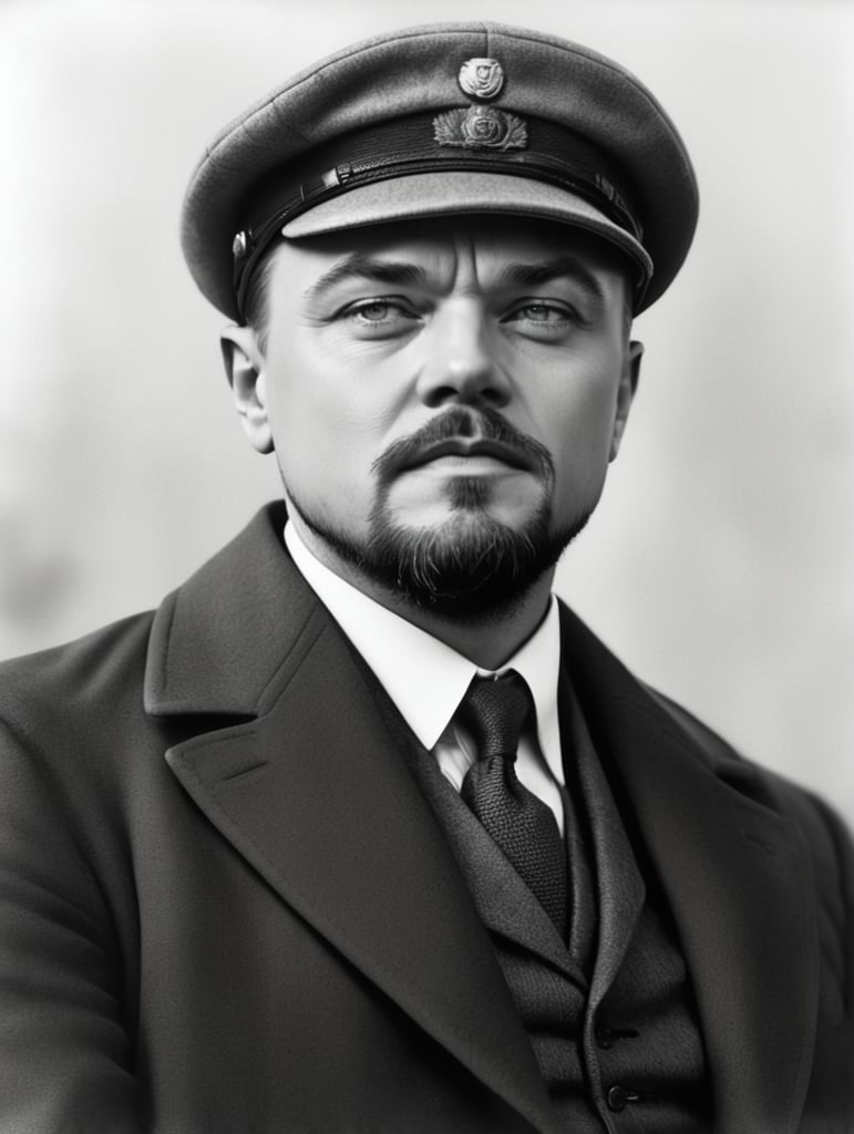 Closeup Portrait of Balding Leonardo DiCaprio as Lenin, ((Balding)), (Circle beard), Muted colors, Dressed in a gray three-piece suit and gray coat, Professional shot, High quality, 1920s, Lenin haircut,