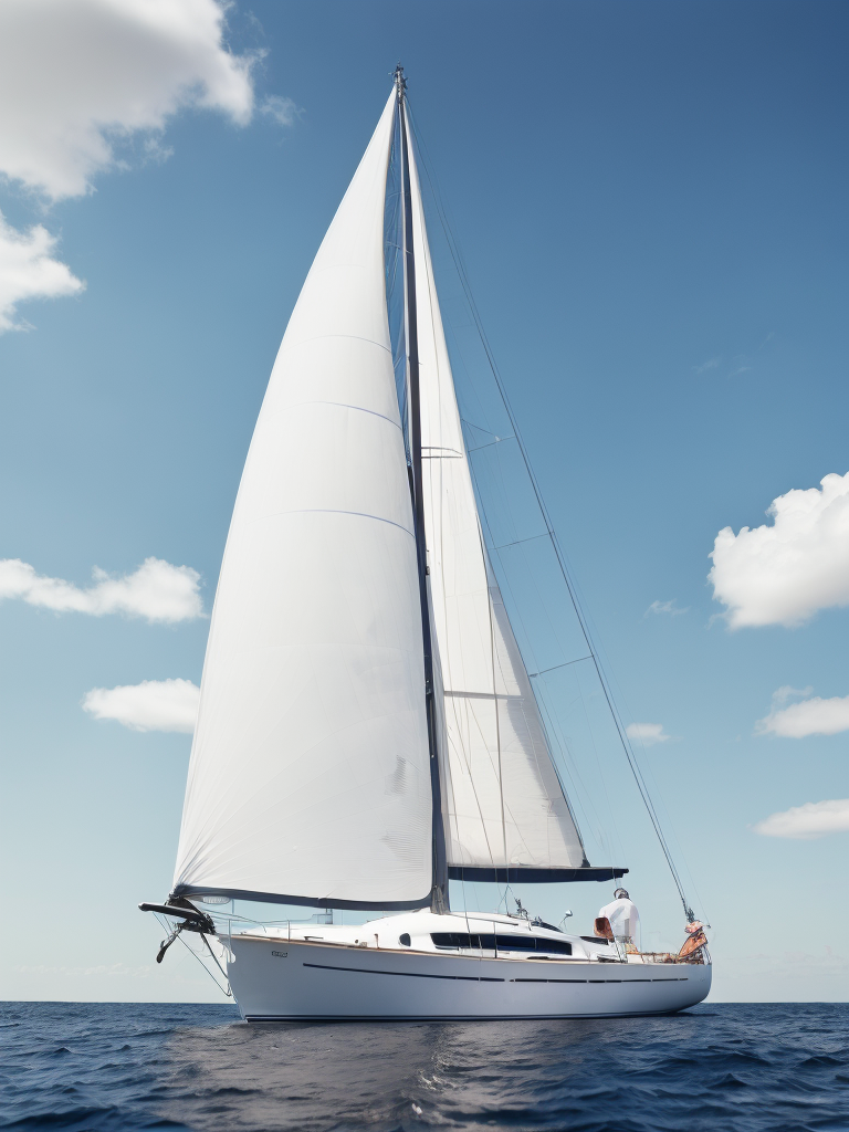 A white sailboat in the sea, sunny day, photorealistic, high detail, landscape, ultra hd, concept art, contrast light, deep colors, vibrant colors