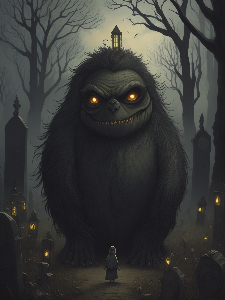John Kenn Mortensen style ground level shot, incredibly detailed front shot painting of a cute whimsical monster in a graveyard,