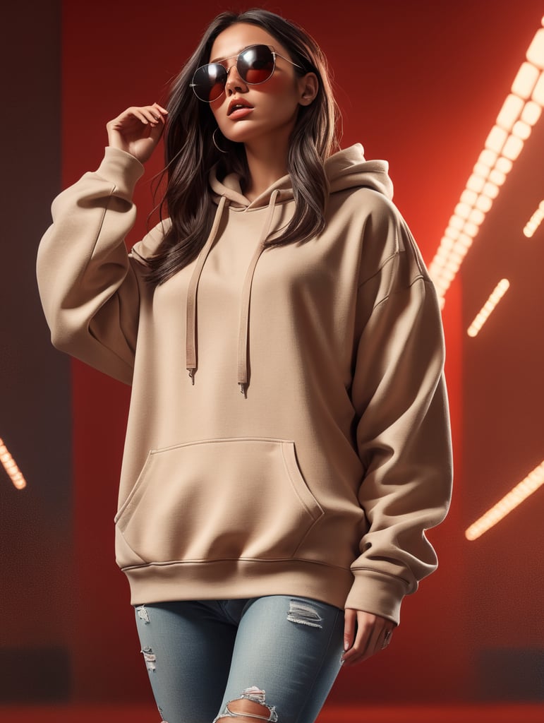 A full-body girl with dark hair dressed in a huge oversized beige hoodie, massive sunglasses with thick frames, wide jeans, massive huge sneakers, red background, contrasting light, bright colors