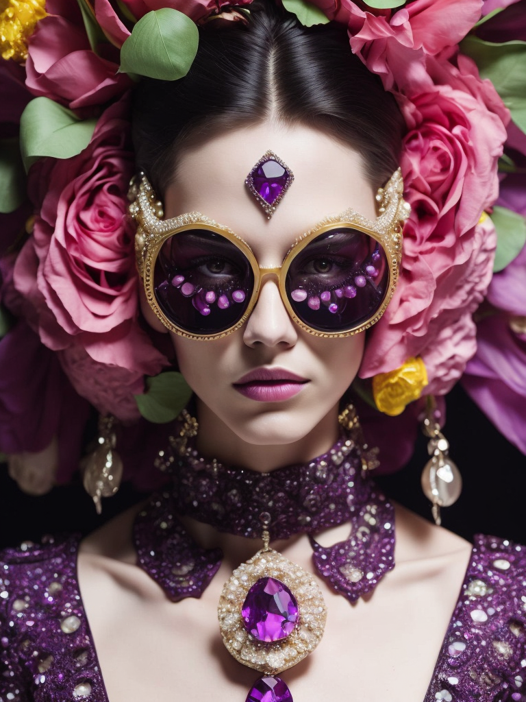 purple and pink, retrofuturism, retro future, 1970, purple vampire dracula, insane bizzare eyeglasses, bright, colorful rgb, dream world, Alexander McQueen Glazier demonic boy, monster face, vampire, horrific, arty pose, fashion, massive huge jewelry, precious gems, massive pearls, giant white diamonds, retrofuturistic, crystal, marble, glass, floral, massive big flowers, gem flowers, hyper neon glow, dark, moody, diaphanous layered ultra haute couture, high definition, high resolution, bold vibrant colors , volumetric lighting, 8k, 3d rende, style by dior, style by channel, by Jimmy Marble and Takashi Murakami