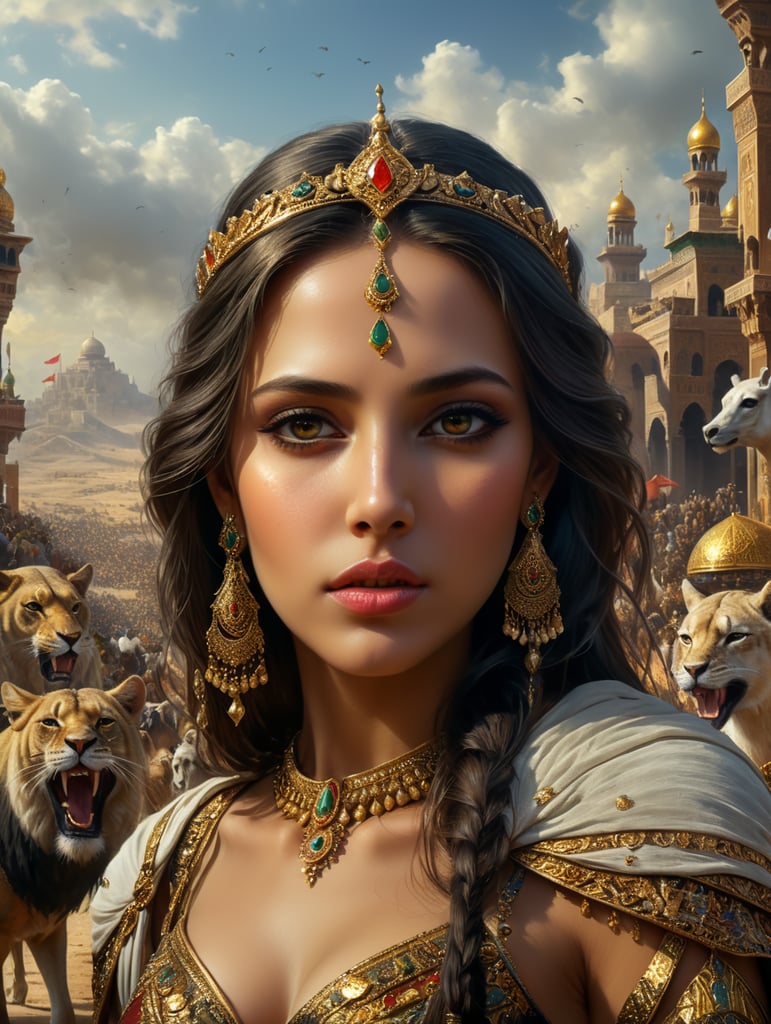 Una princesa con la cara de la imagen en un país árabe junto a un séquito de animales y mucho oro