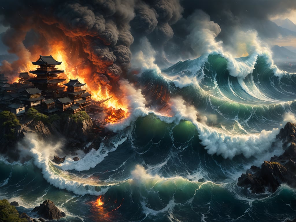 Epic photograph of an earthquake in Japan, large waves, destruction, fire, in the style of Aivazovsky