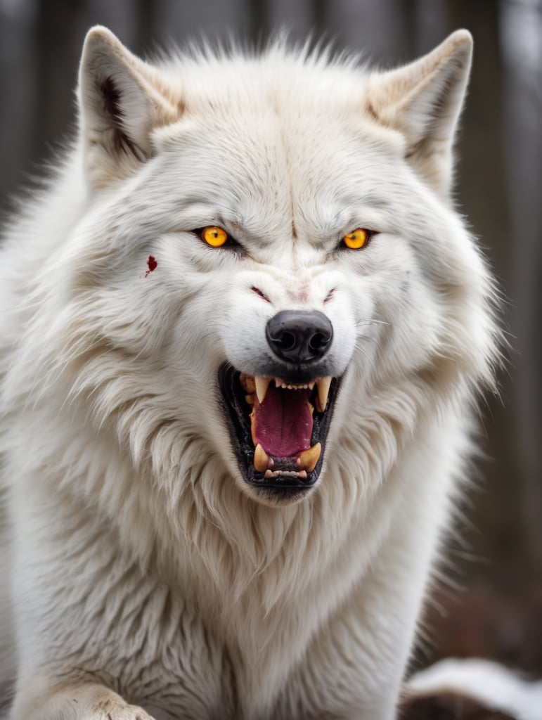 Angry white wolf with yellow eyes. His white fur is covered in blood.