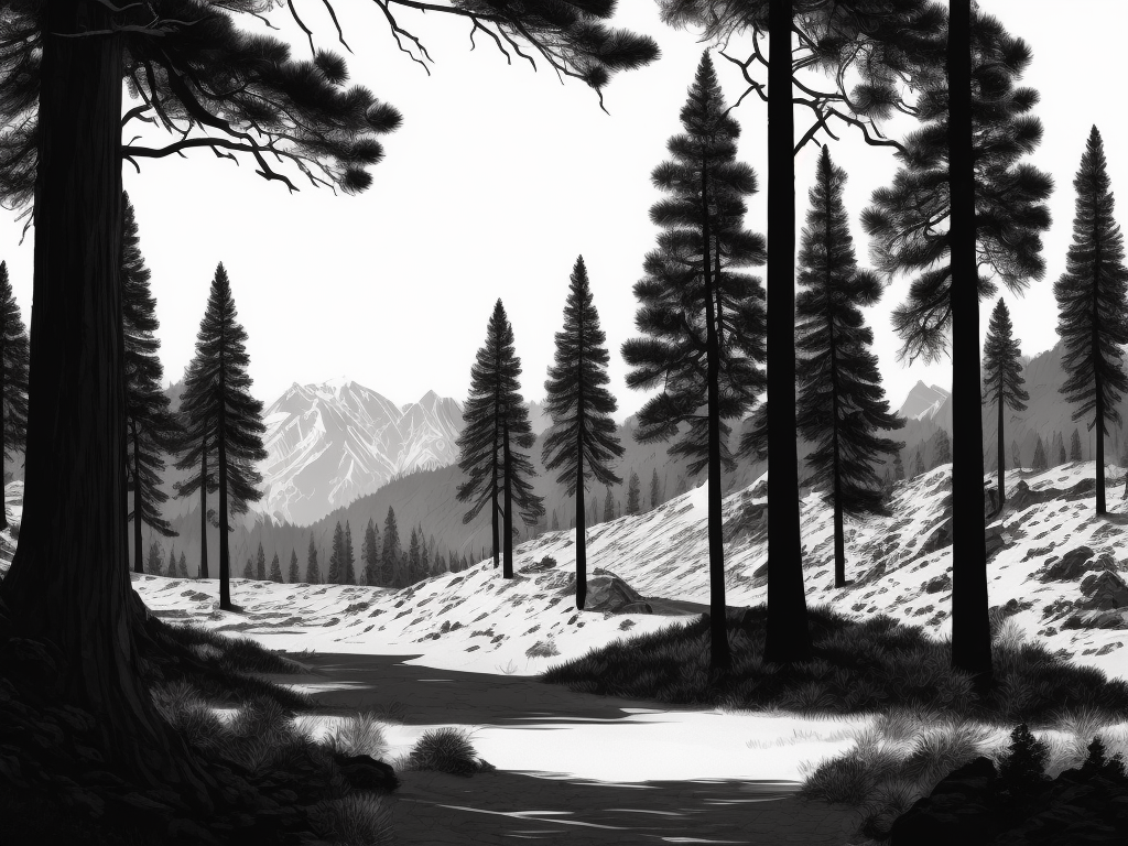 simplistic outdoors scene with sparse pine trees, black and white pen and ink drawing, contain entire mountain range within image, do not crop