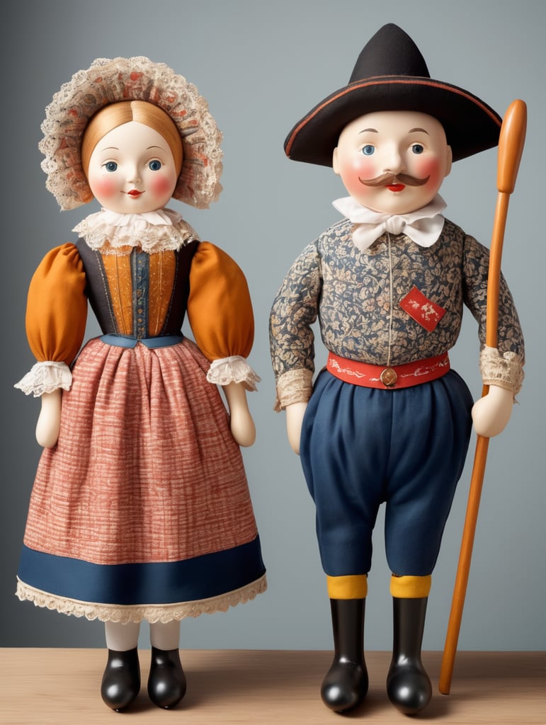 A pair of anthropomorphic dolls in the style of Dutch tradition, soft sculpture, historical subjects, Danish design, folklore theme, colorful caricature