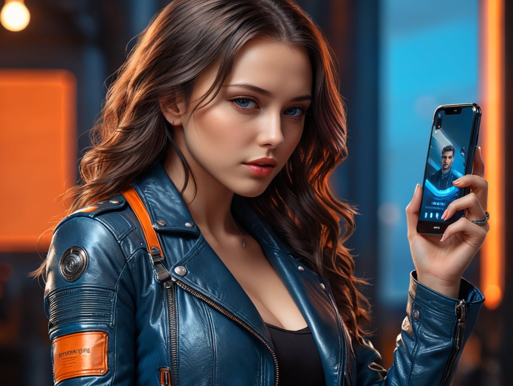 A young beautiful girl is looking at the phone, dressed in a leather jacket, the background is bright, orange-blue, technological. octane render, unreal engine, photograph, realistic skin texture, photorealistic, hyper realism, highly detailed, hard silhouette lighting in blue
