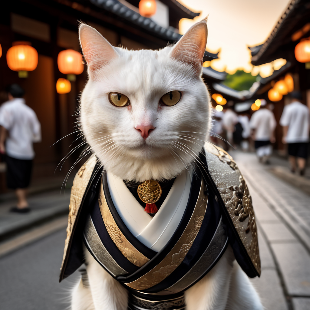 White cat in samurai clothes in Japanese street, evening, high detail